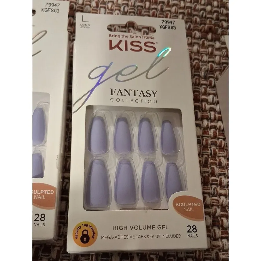 3 KISS Gel Fantasy Lavender Long Length Nails With Adhesive Tags/Glue